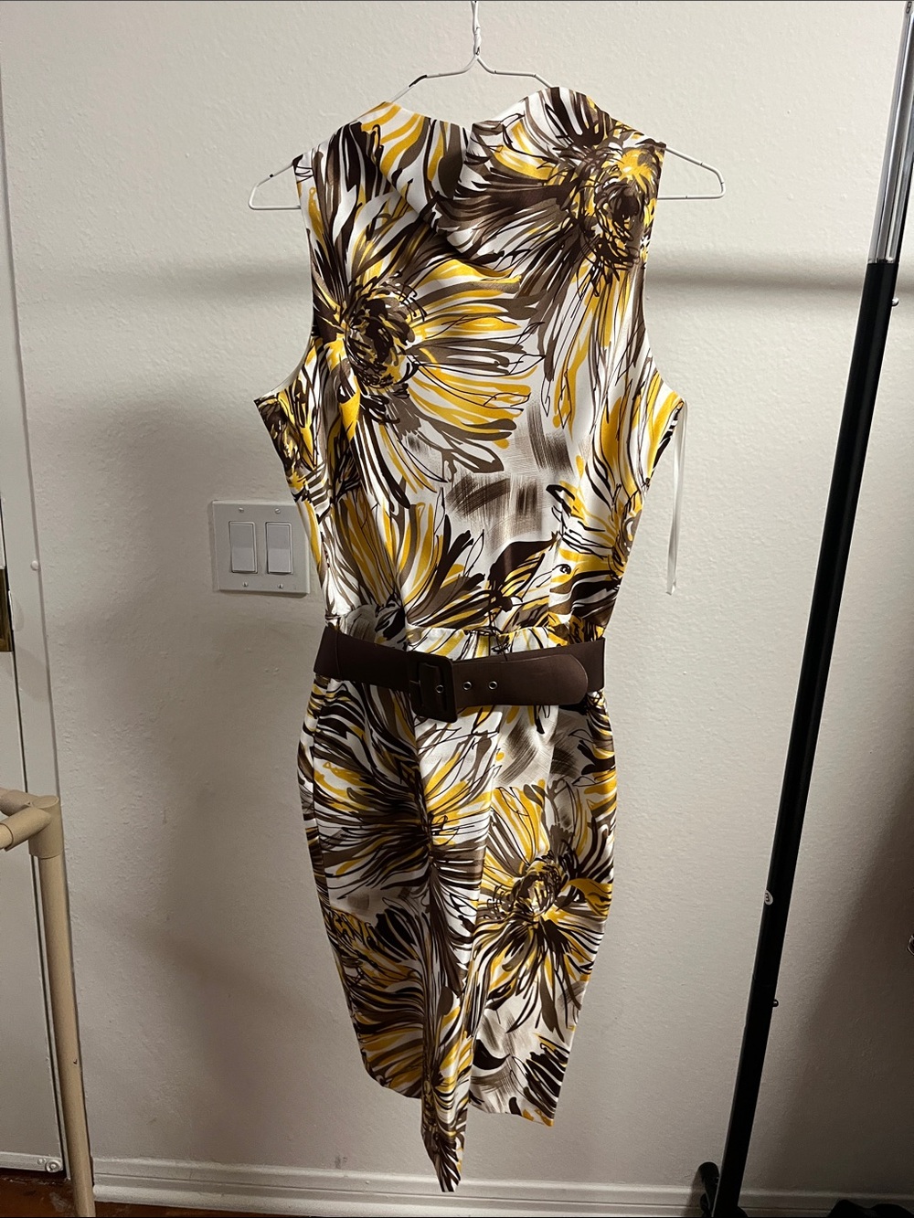Ellen Tracy Yellow, Brown & White Floral Midi Dress with Belt